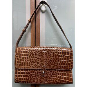 DKNY Vintage Y2K 90s Croc Embossed Brown Animal Print Leather Shoulder Hand Bag